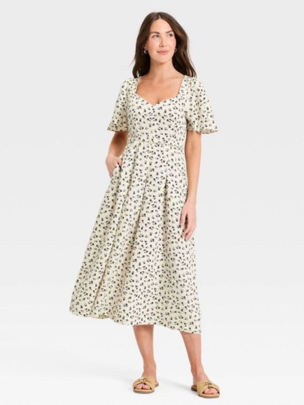 28. A New Day - Women's Flutter Sleeve Belted Midi Dress - A New D Cream/Black - Picture 3 of 16